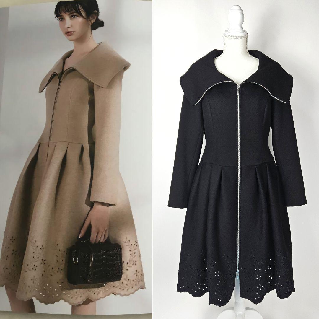 【新品同様】フォクシー　カシミヤ　コート　レース　刺繍　Aライン　タック　ウール