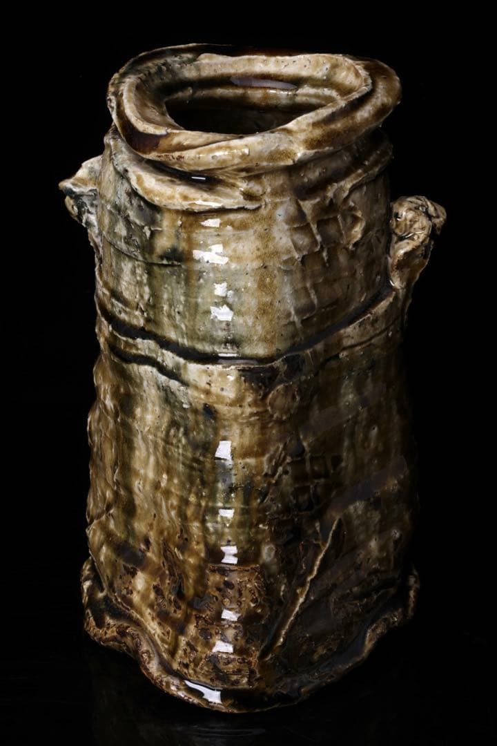 【塚本治彦】美濃伊賀花生 共箱 落款 略歴付 花器 花瓶 花入 壺 美濃 伊賀焼