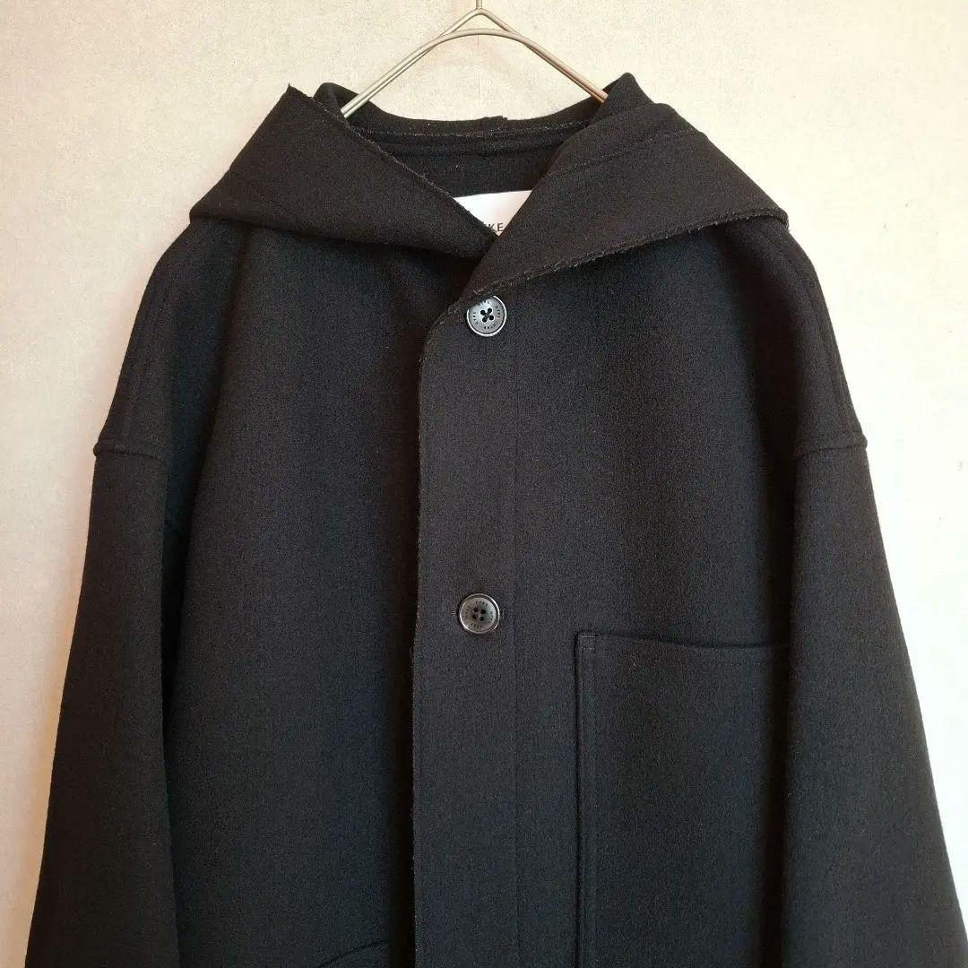 HYKE メルトンフーデットコート　ブラック
