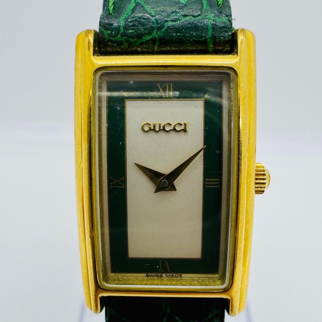 ✨GUCCI✨GG✨2600L✨レザーベルト✨緑/白文字盤✨クオーツ✨腕時計✨
