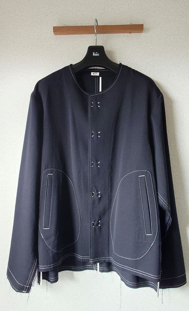 24AW KHOKI ノーカラー フリンジ ウールジャケット 2 ネイビー