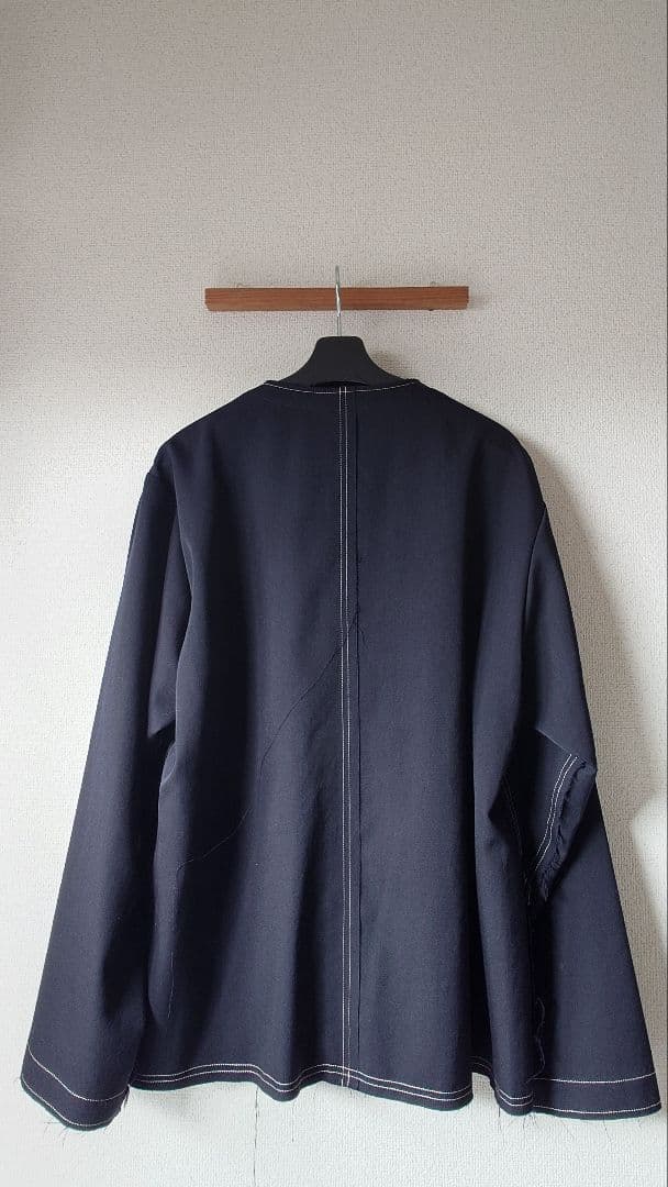 24AW KHOKI ノーカラー フリンジ ウールジャケット 2 ネイビー