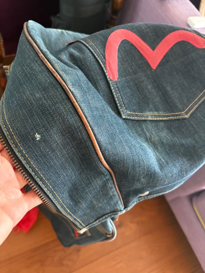 デニムキャディバッグ 赤い刺繍