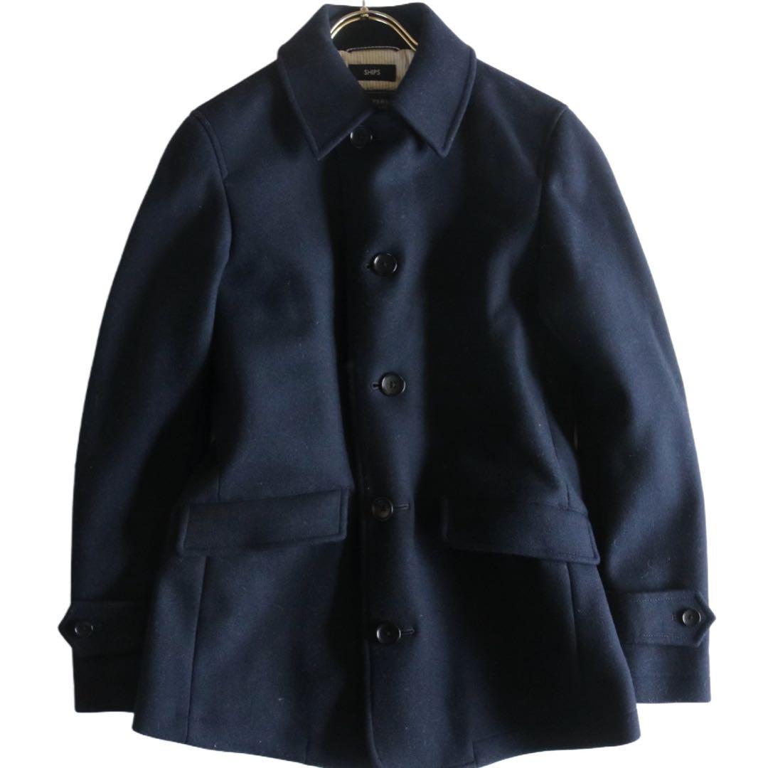 【SHIPS】極美品　メルトンウールコート　紺　S★