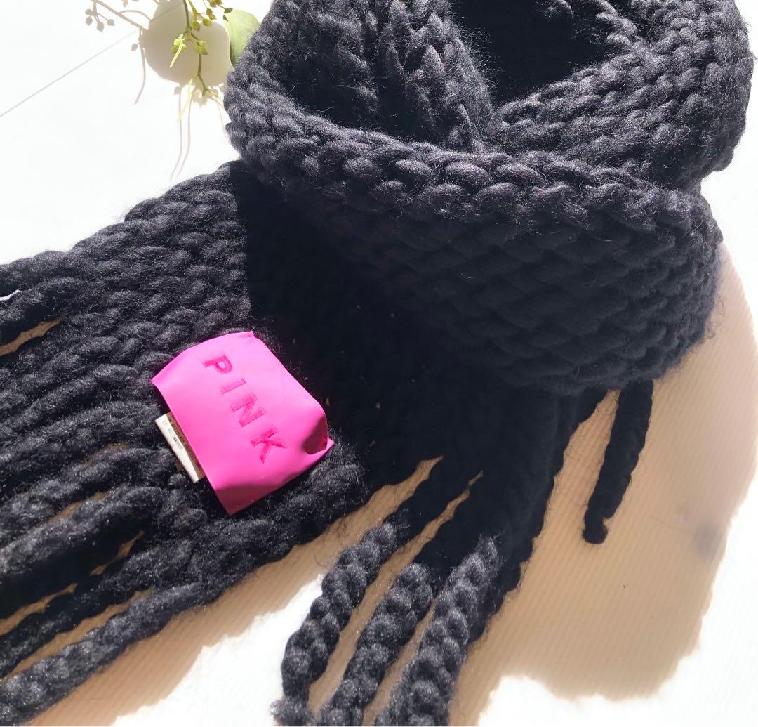 ヨウジヤマモト PINK黒 ローゲージニットマフラー フリンジ　ユニセックス