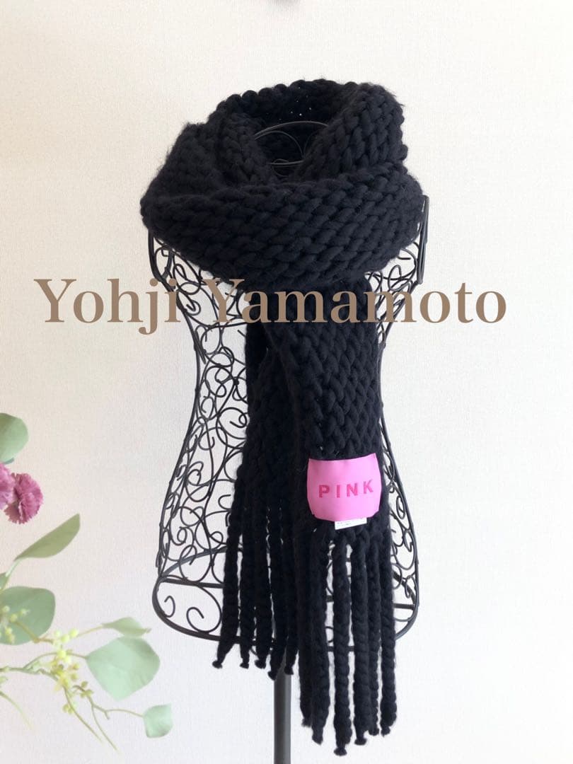 ヨウジヤマモト PINK黒 ローゲージニットマフラー フリンジ　ユニセックス