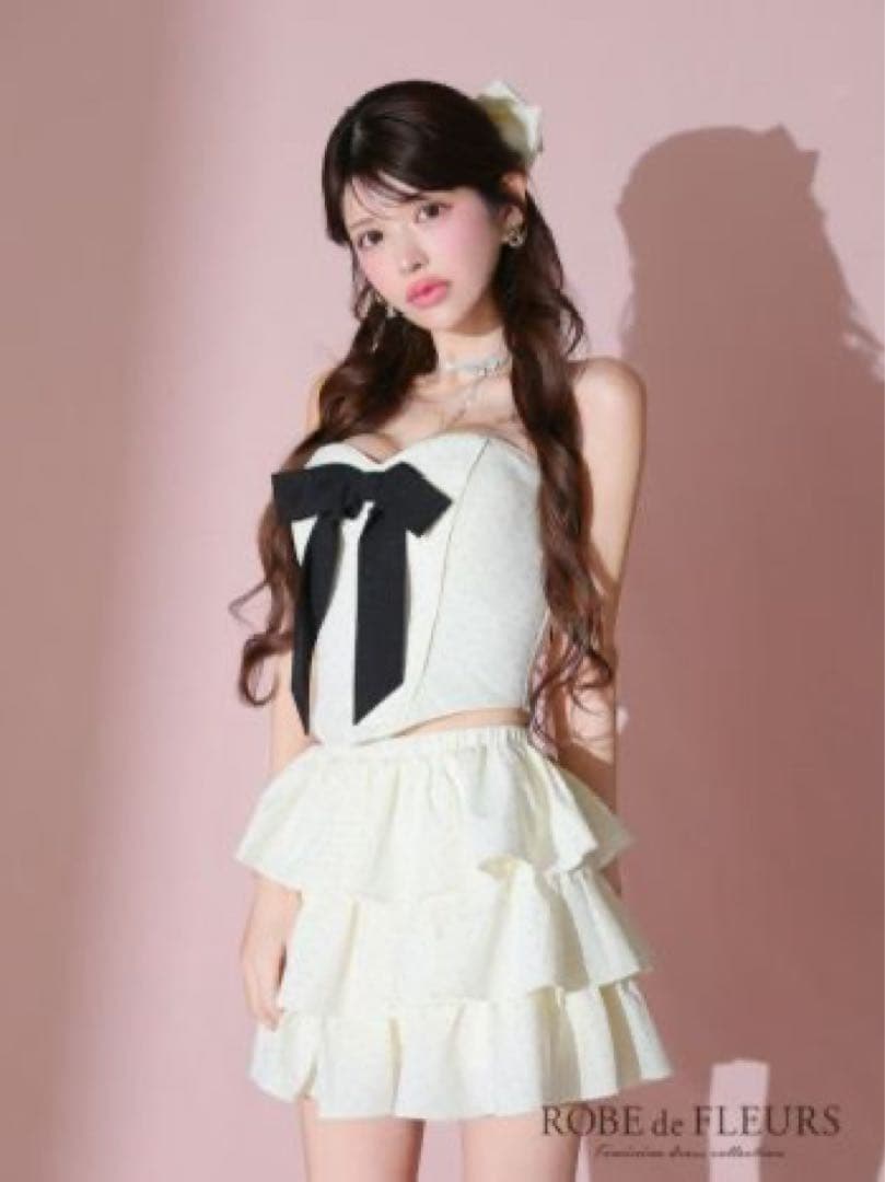 極美品 ローブドフルール キャバ ミニ ドレス ビッグリボン ドット柄 スタッズ