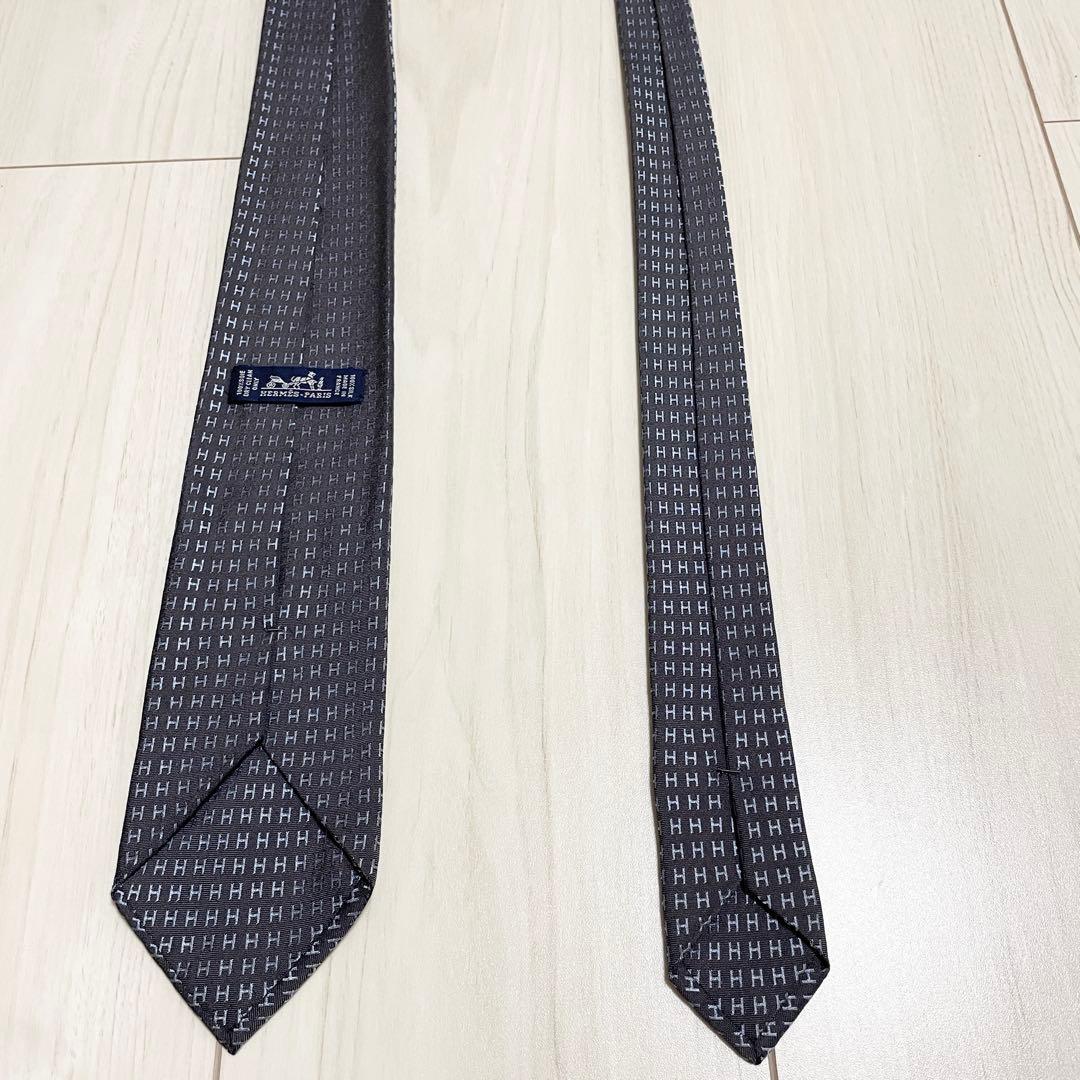 HERMES　エルメス　ネクタイ　ファソネ　総H柄 H織　ブルー　グレー　シルク