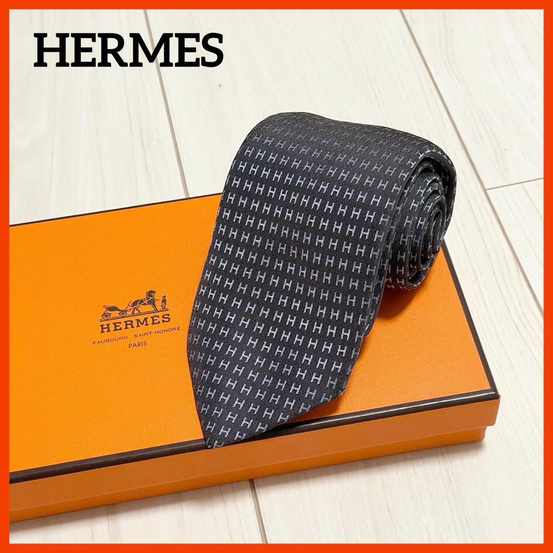 HERMES　エルメス　ネクタイ　ファソネ　総H柄 H織　ブルー　グレー　シルク