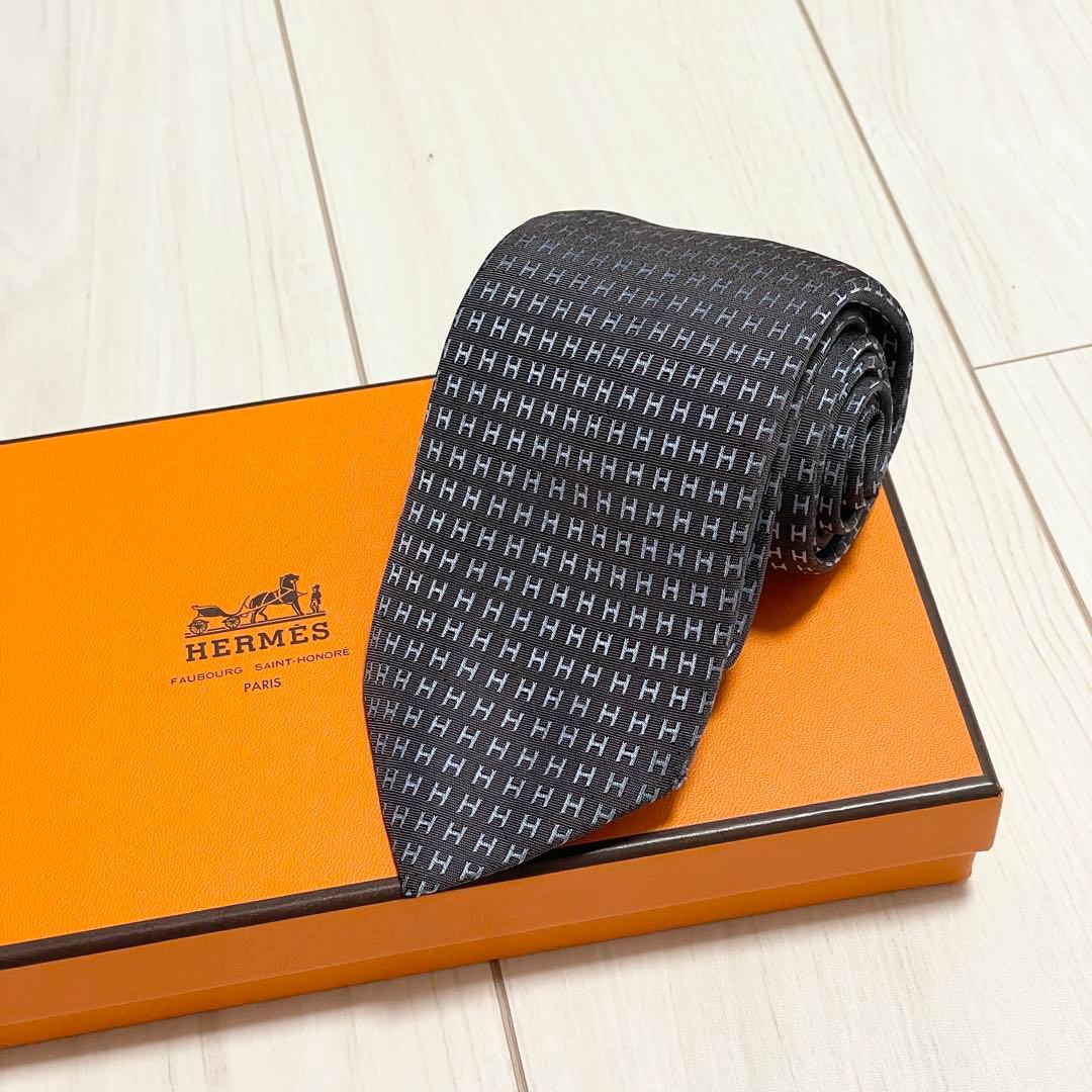 HERMES　エルメス　ネクタイ　ファソネ　総H柄 H織　ブルー　グレー　シルク