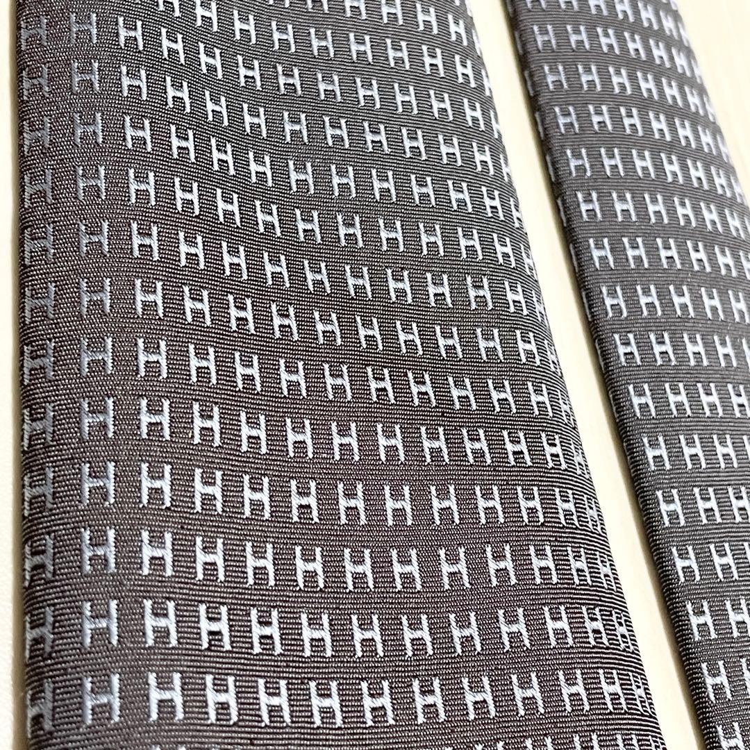 HERMES　エルメス　ネクタイ　ファソネ　総H柄 H織　ブルー　グレー　シルク