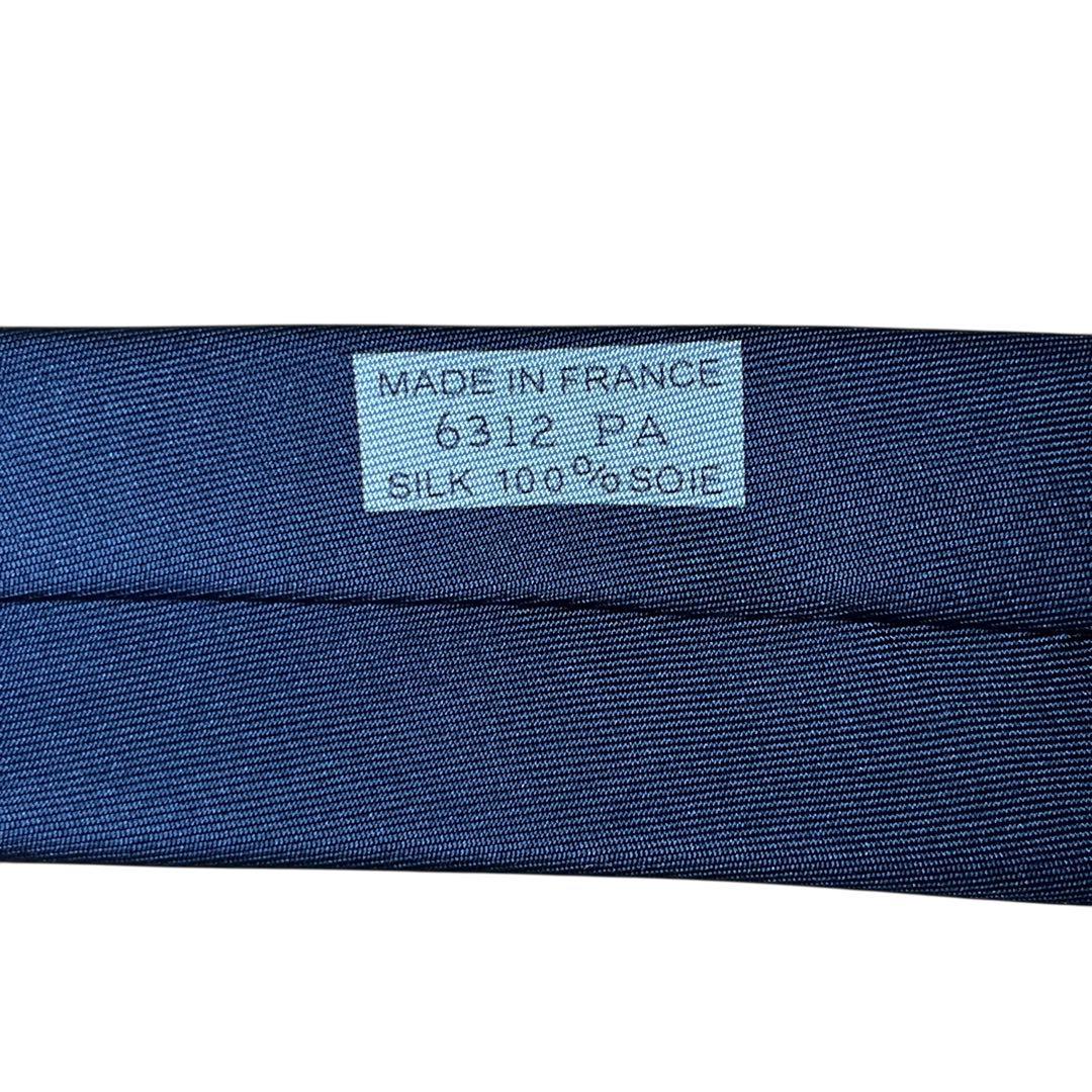 極美品　エルメス　ネクタイ　紺　ソリッド　無地　シェーヌダンクル柄　H柄