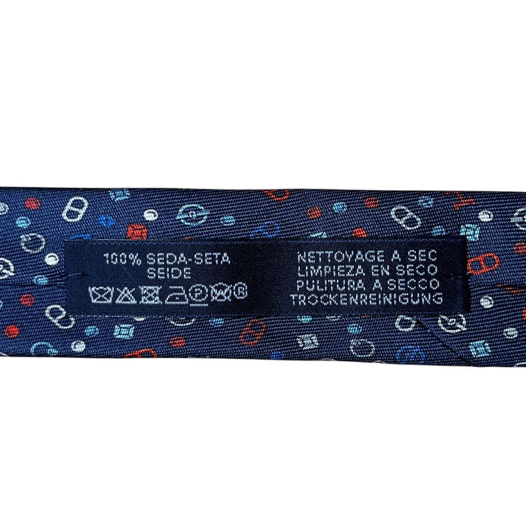 極美品　エルメス　ネクタイ　紺　ソリッド　無地　シェーヌダンクル柄　H柄