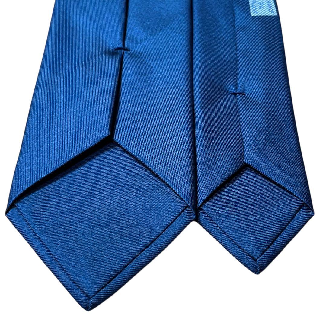 極美品　エルメス　ネクタイ　紺　ソリッド　無地　シェーヌダンクル柄　H柄