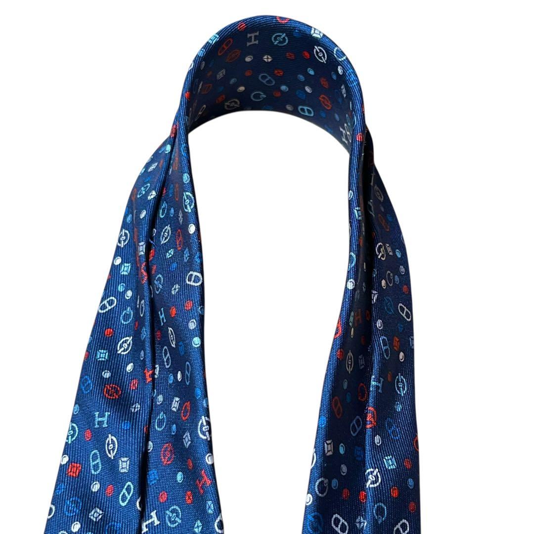 極美品　エルメス　ネクタイ　紺　ソリッド　無地　シェーヌダンクル柄　H柄