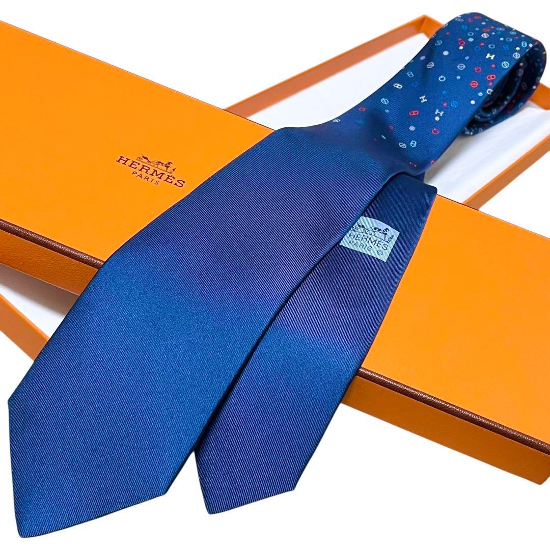 極美品　エルメス　ネクタイ　紺　ソリッド　無地　シェーヌダンクル柄　H柄
