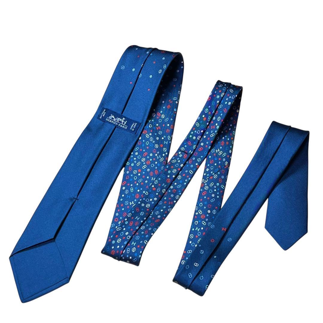 極美品　エルメス　ネクタイ　紺　ソリッド　無地　シェーヌダンクル柄　H柄