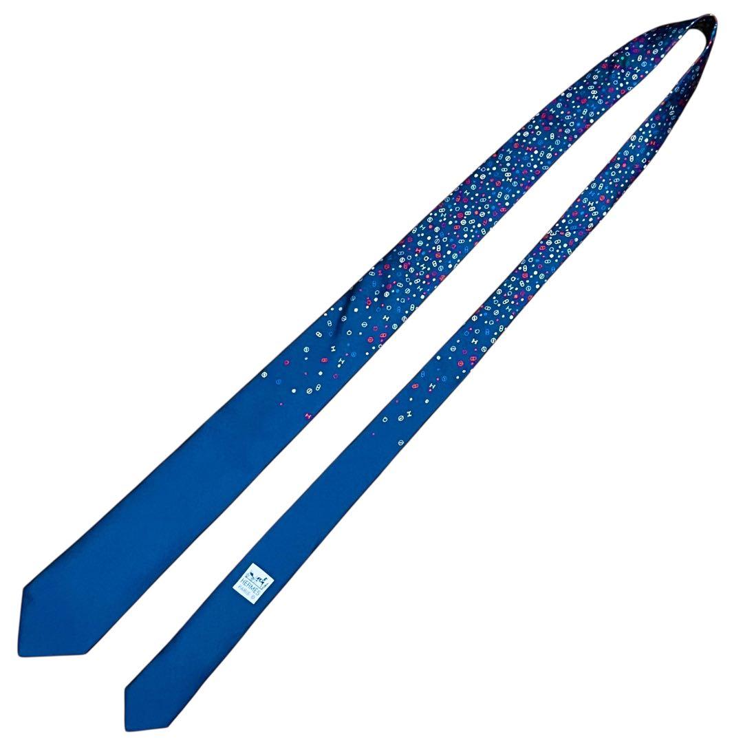 極美品　エルメス　ネクタイ　紺　ソリッド　無地　シェーヌダンクル柄　H柄