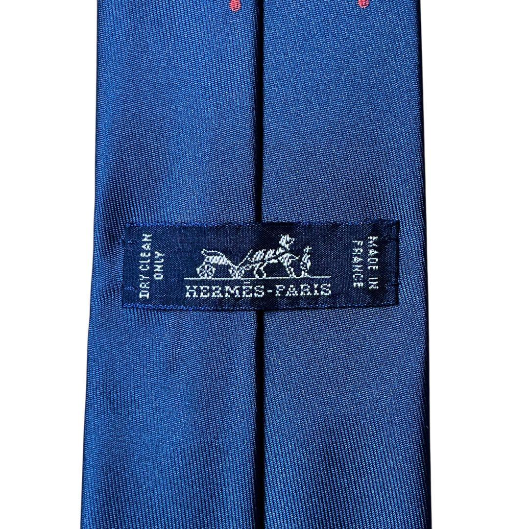 極美品　エルメス　ネクタイ　紺　ソリッド　無地　シェーヌダンクル柄　H柄