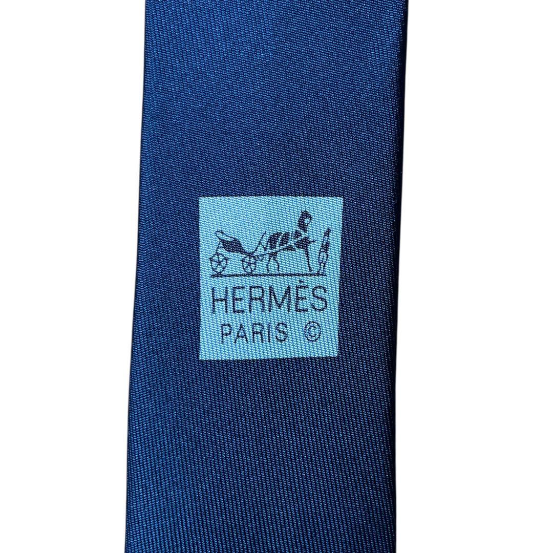 極美品　エルメス　ネクタイ　紺　ソリッド　無地　シェーヌダンクル柄　H柄