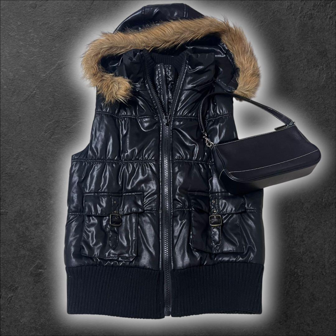 00s y2k ファー ダウンベスト ジャケット 光沢 グランジ archive