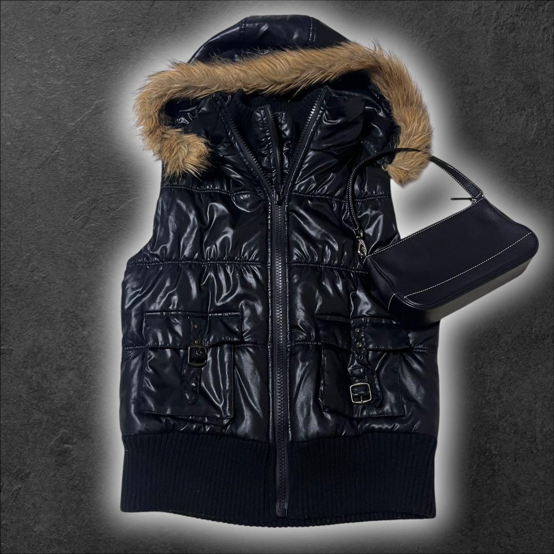 00s y2k ファー ダウンベスト ジャケット 光沢 グランジ archive