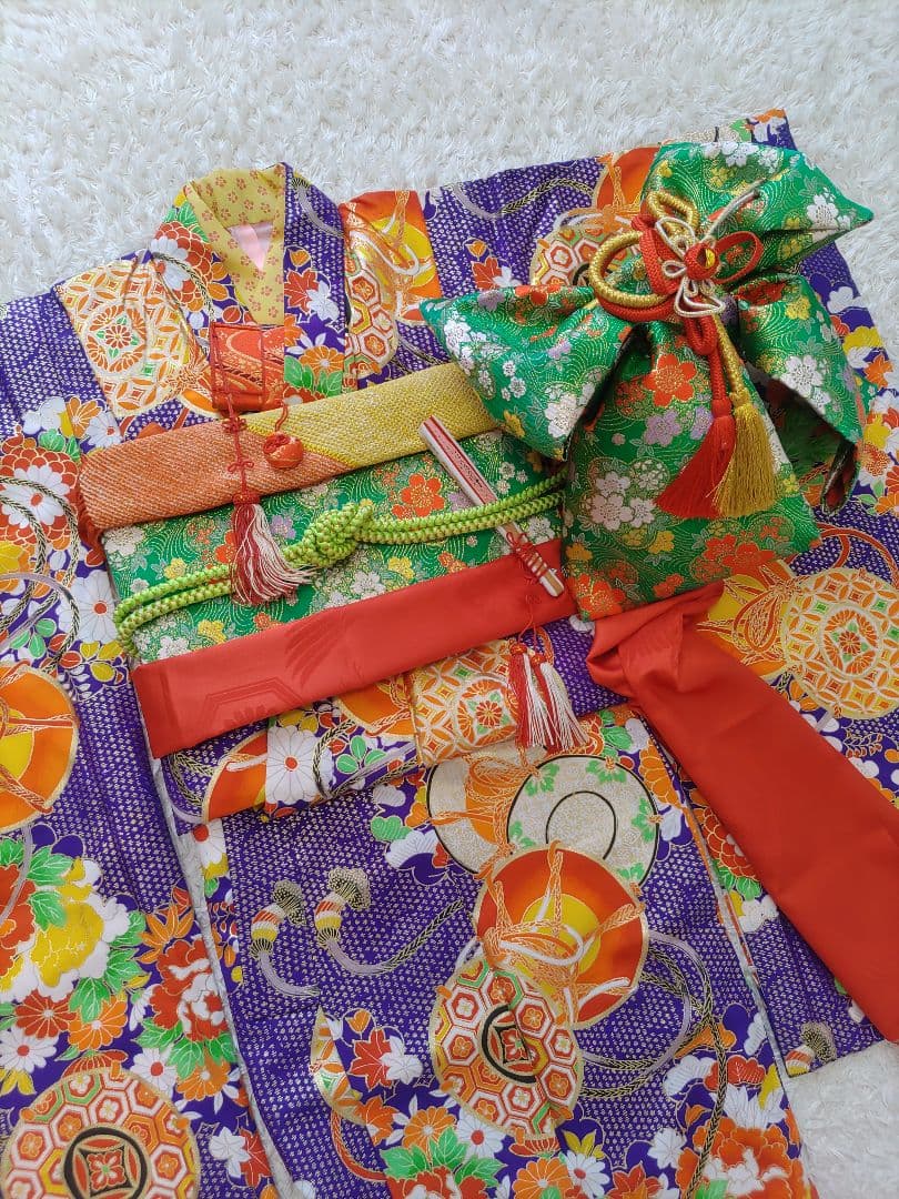 七五三用着物　7歳　紺　紫　金　フルセット　作り帯　正統派　レトロ　まとめて　緑