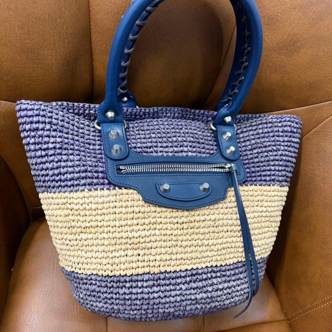 バレンシアガ パニエXS 466498 ハンドバッグ パープル ベージュラフィア