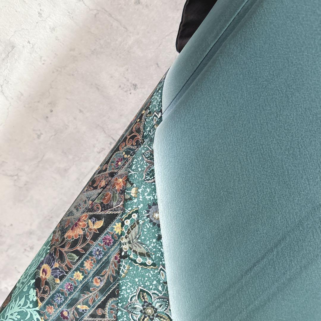 訪問着フルセット　着物　正絹　更紗模様　ターコイズブルー　付け下げ　シャレ帯