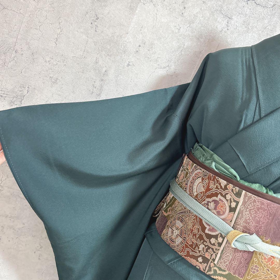 訪問着フルセット　着物　正絹　更紗模様　ターコイズブルー　付け下げ　シャレ帯