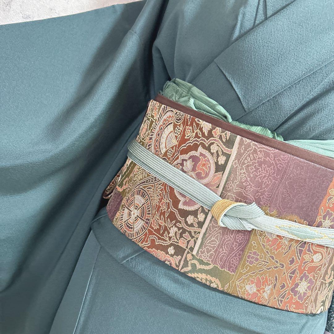 訪問着フルセット　着物　正絹　更紗模様　ターコイズブルー　付け下げ　シャレ帯