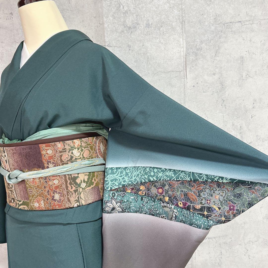 訪問着フルセット　着物　正絹　更紗模様　ターコイズブルー　付け下げ　シャレ帯