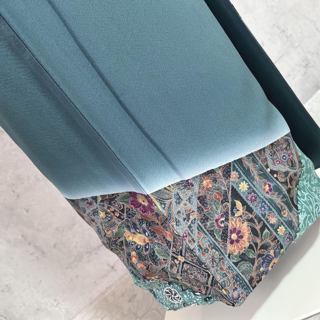 訪問着フルセット　着物　正絹　更紗模様　ターコイズブルー　付け下げ　シャレ帯