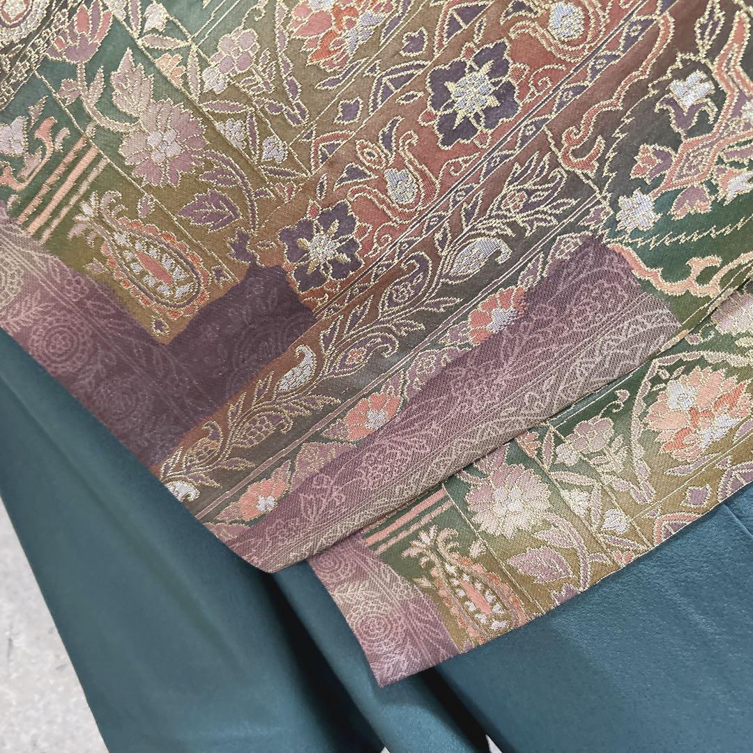 訪問着フルセット　着物　正絹　更紗模様　ターコイズブルー　付け下げ　シャレ帯