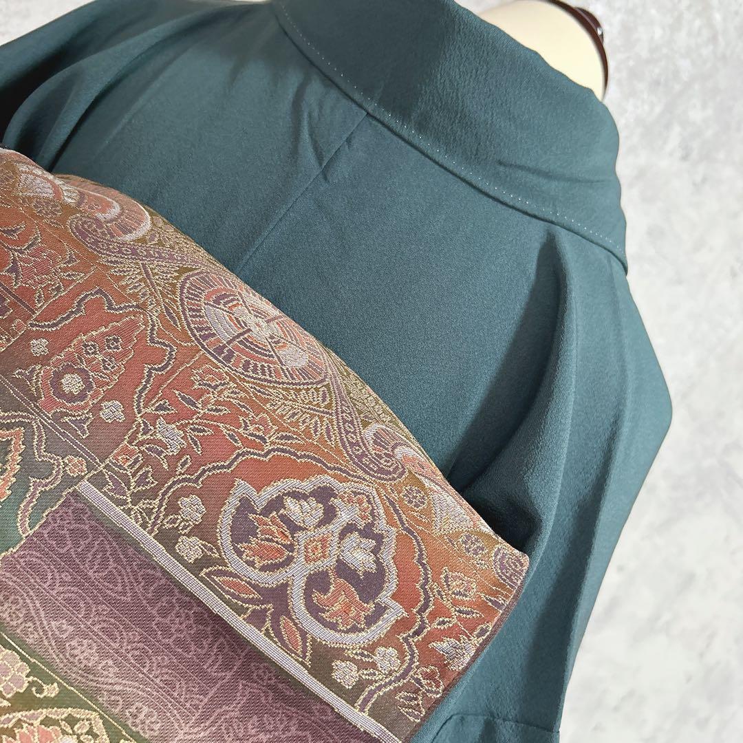 訪問着フルセット　着物　正絹　更紗模様　ターコイズブルー　付け下げ　シャレ帯