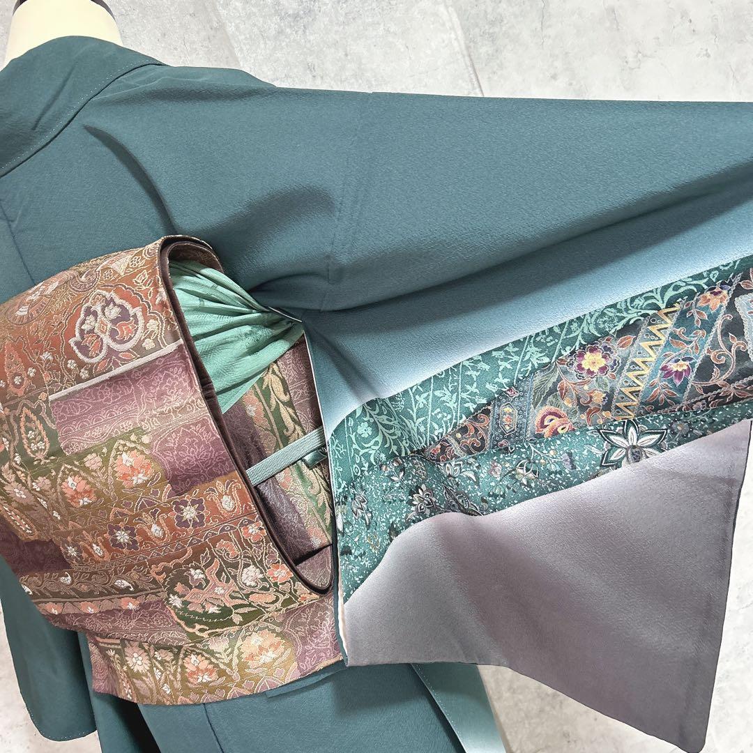 訪問着フルセット　着物　正絹　更紗模様　ターコイズブルー　付け下げ　シャレ帯