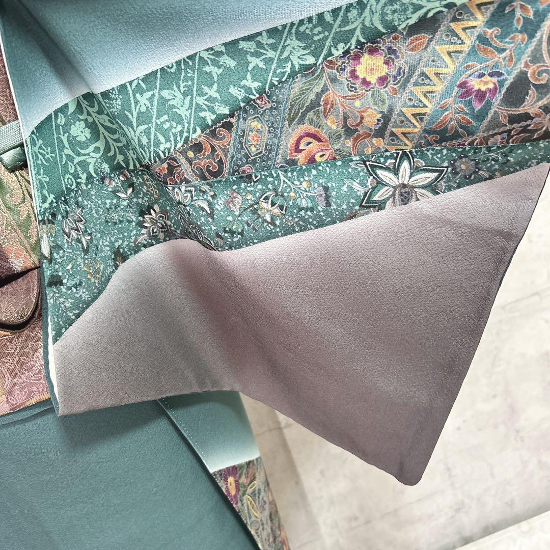 訪問着フルセット　着物　正絹　更紗模様　ターコイズブルー　付け下げ　シャレ帯