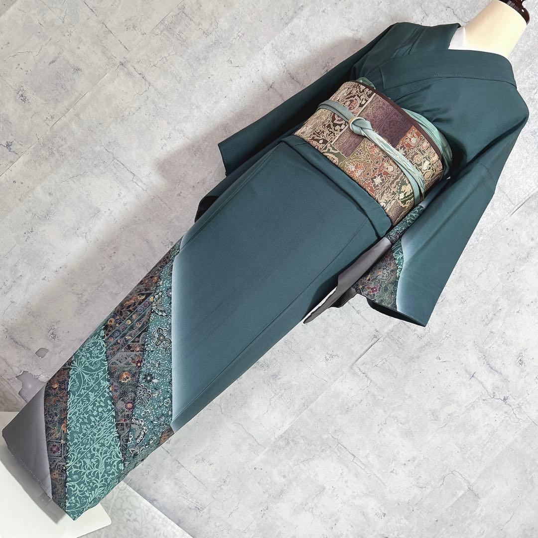 訪問着フルセット　着物　正絹　更紗模様　ターコイズブルー　付け下げ　シャレ帯