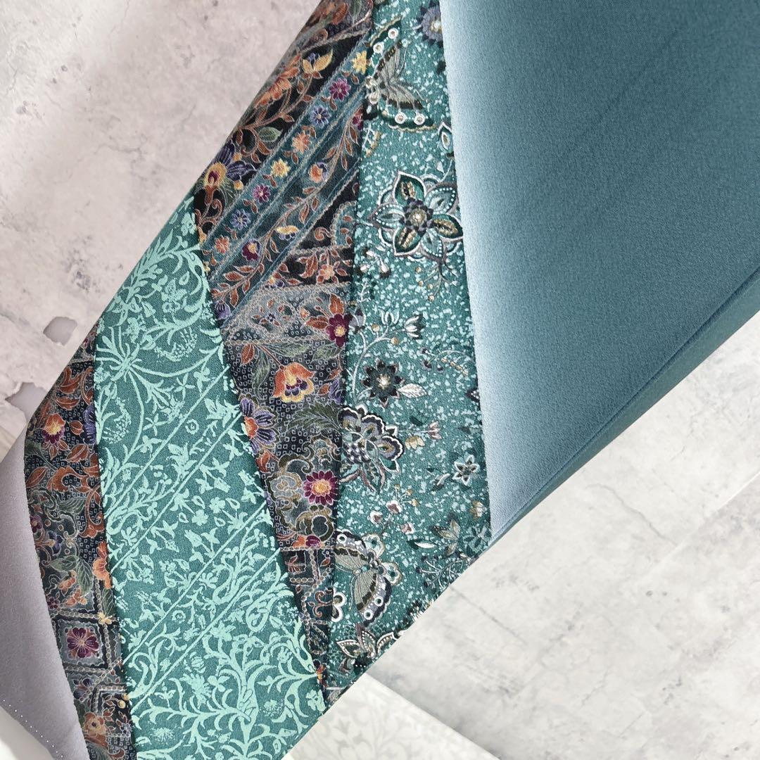 訪問着フルセット　着物　正絹　更紗模様　ターコイズブルー　付け下げ　シャレ帯