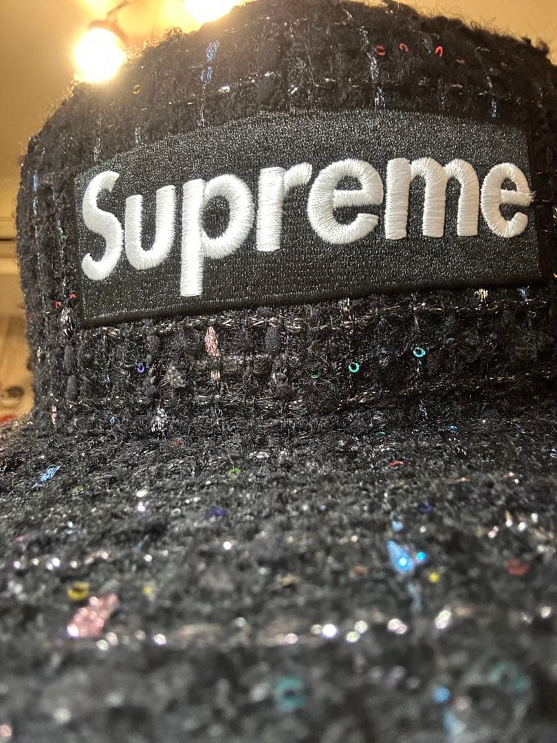 Supreme 黒 キャップ ツイード風