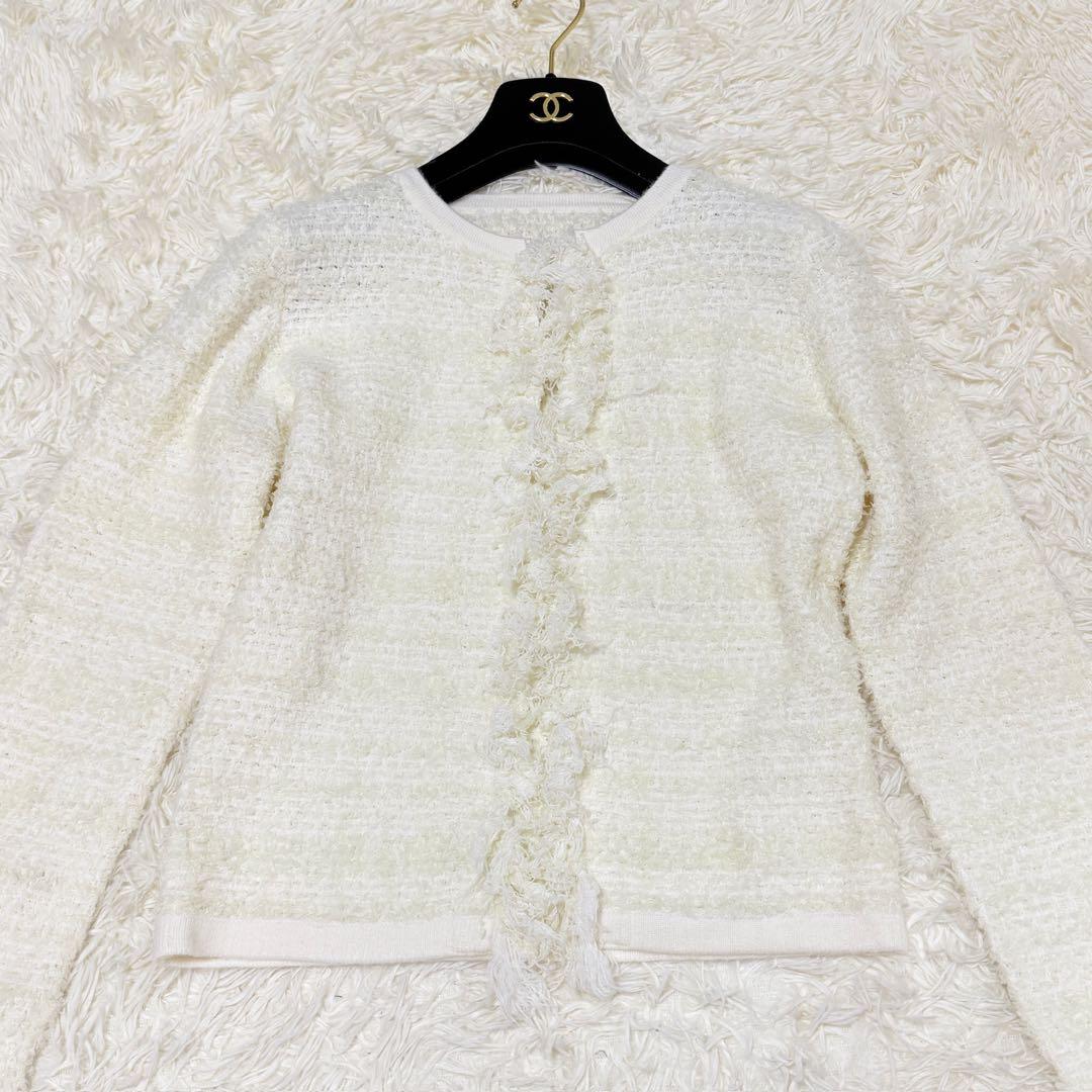 JENNEリボンツイードニットジャケット ホワイト　S