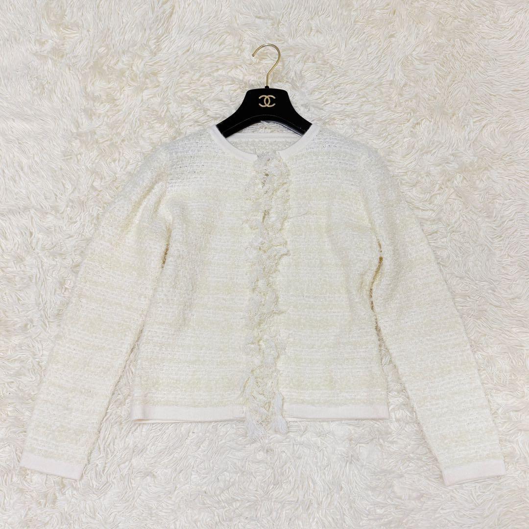 JENNEリボンツイードニットジャケット ホワイト　S