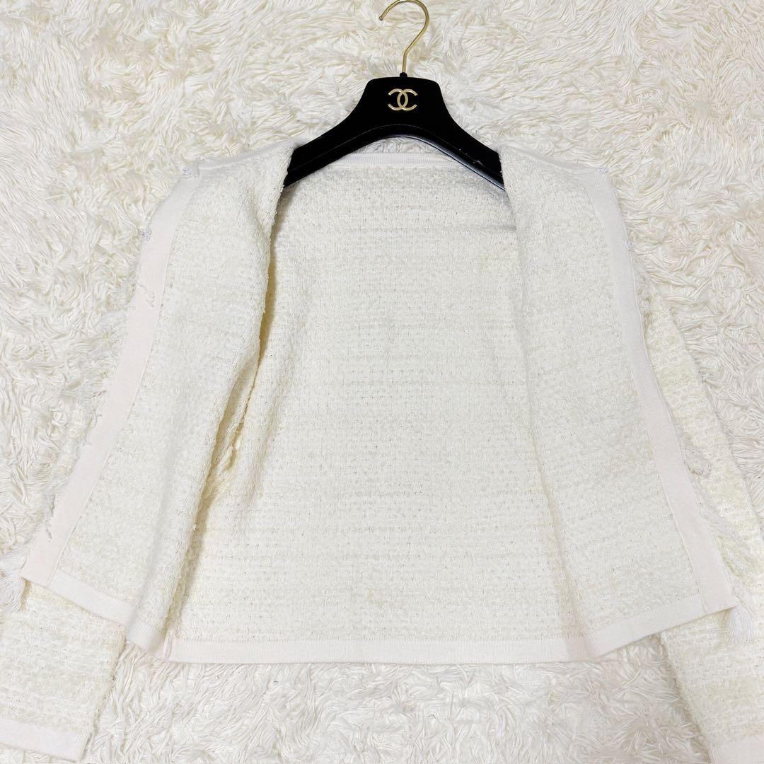 JENNEリボンツイードニットジャケット ホワイト　S