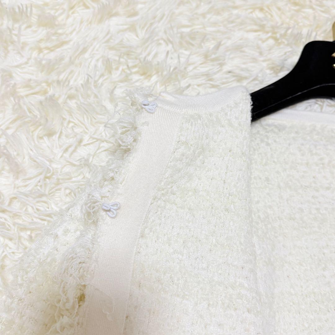 JENNEリボンツイードニットジャケット ホワイト　S