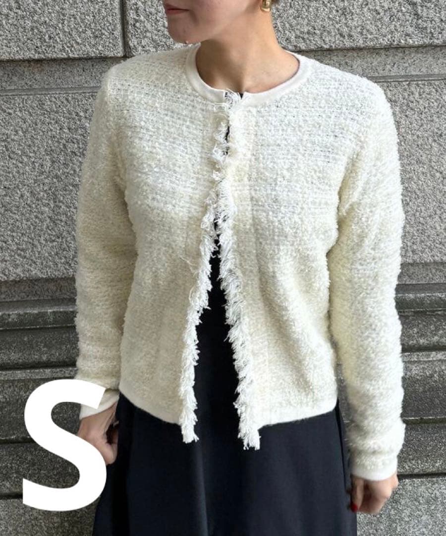 JENNEリボンツイードニットジャケット ホワイト　S