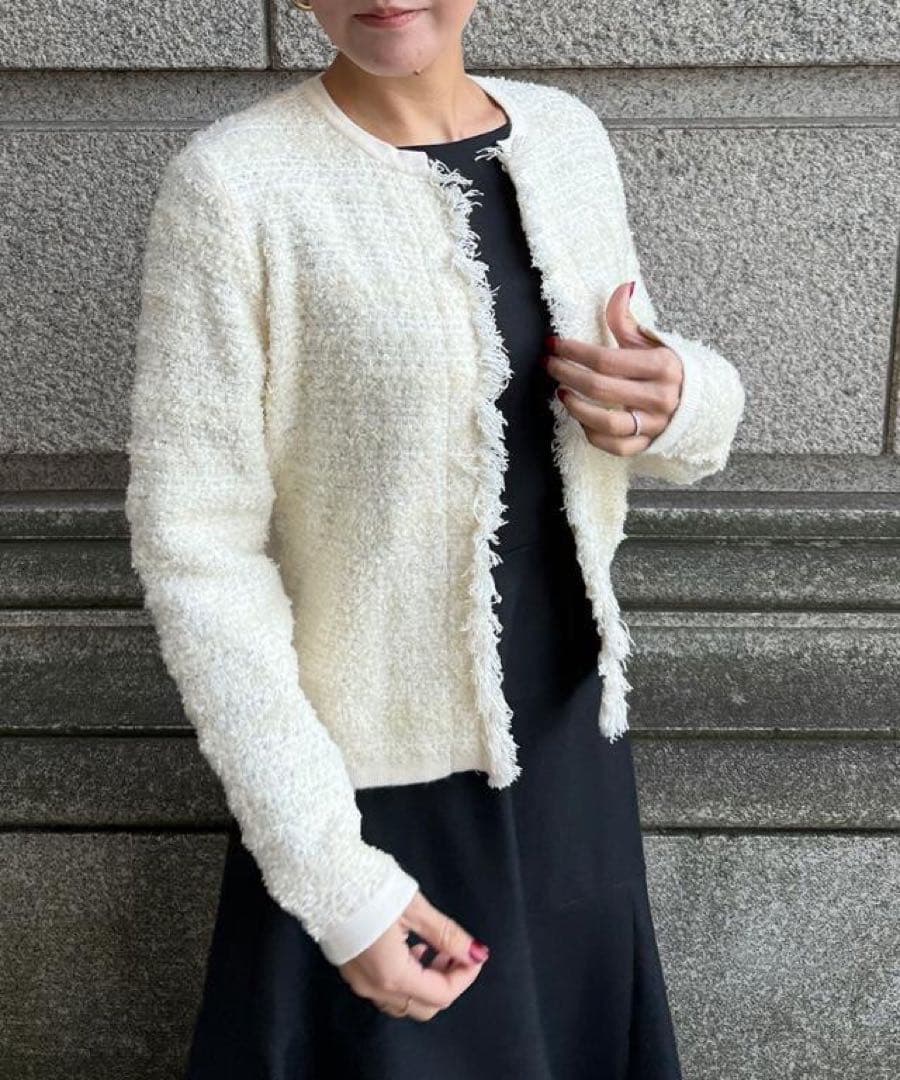 JENNEリボンツイードニットジャケット ホワイト　S