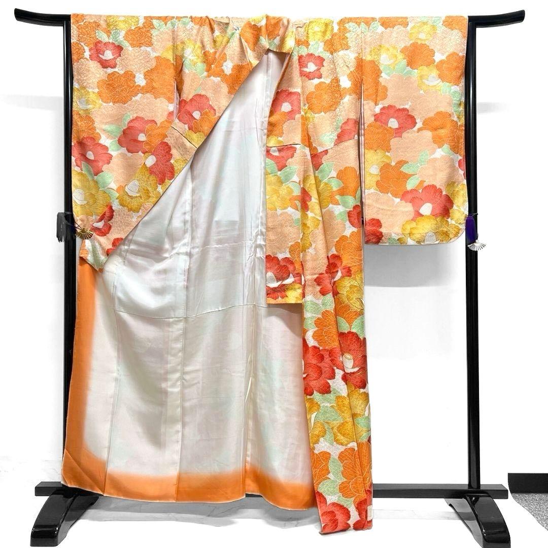 二尺袖　小振袖　金駒刺繍　椿　紗綾形地紋　成人式 晴れの日 着物 052a p