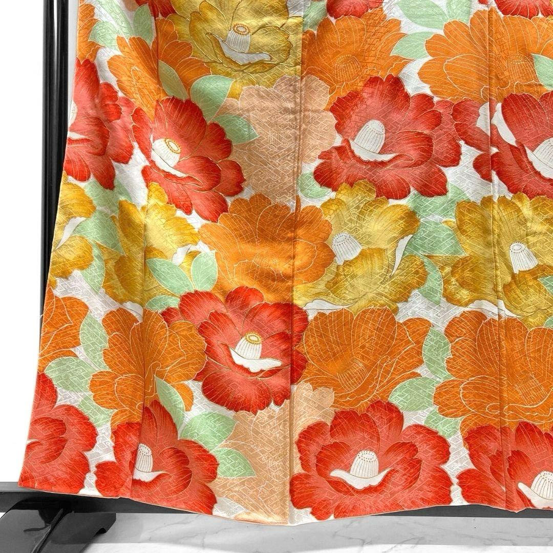 二尺袖　小振袖　金駒刺繍　椿　紗綾形地紋　成人式 晴れの日 着物 052a p