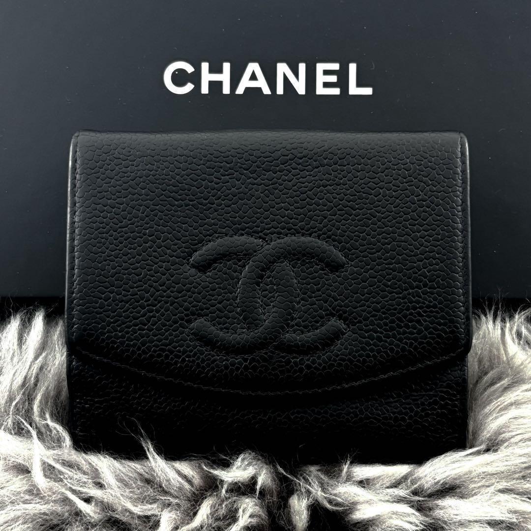 【美品✨】シャネル 財布 ココステッチ キャビア Wホック 二つ折 BL 黒