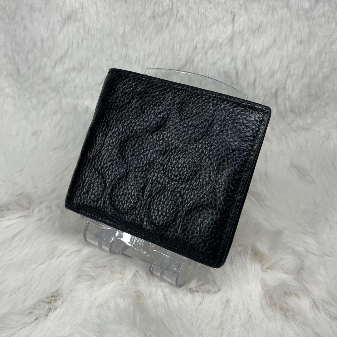 【極美品】COACH黒レザーエンボス加工二つ折り財布